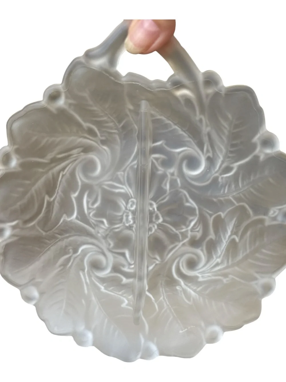 VTG Indiana Glass Wild Rose Frosted Satin Handled Divided Relish Dish